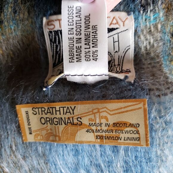 Strathtay Originals Wool Mohair Plaid Fringe Scarf Made in Scotland Brown Blue - Picture 5 of 5